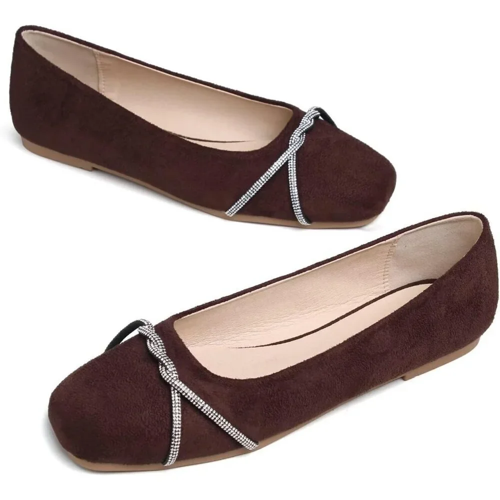 Women's Brown Suede Casual Fashion Chain Pointed Toe Ballet Flat Rhinestone